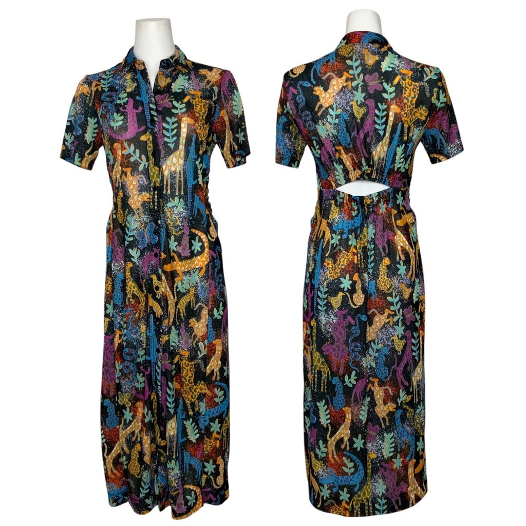 Multicolor Animal Print Midi Dress With Tie Back